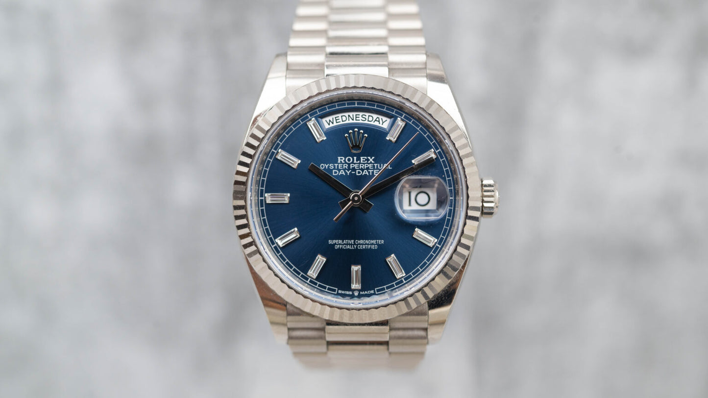 Rolex Day-Date 36 President White Bright Blue Baguette Dial 128239