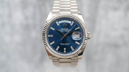 Rolex Day-Date 36 President White Bright Blue Baguette Dial 128239