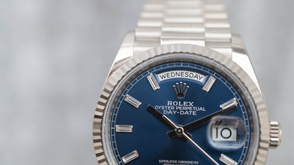 Rolex Day-Date 36 President White Bright Blue Baguette Dial 128239