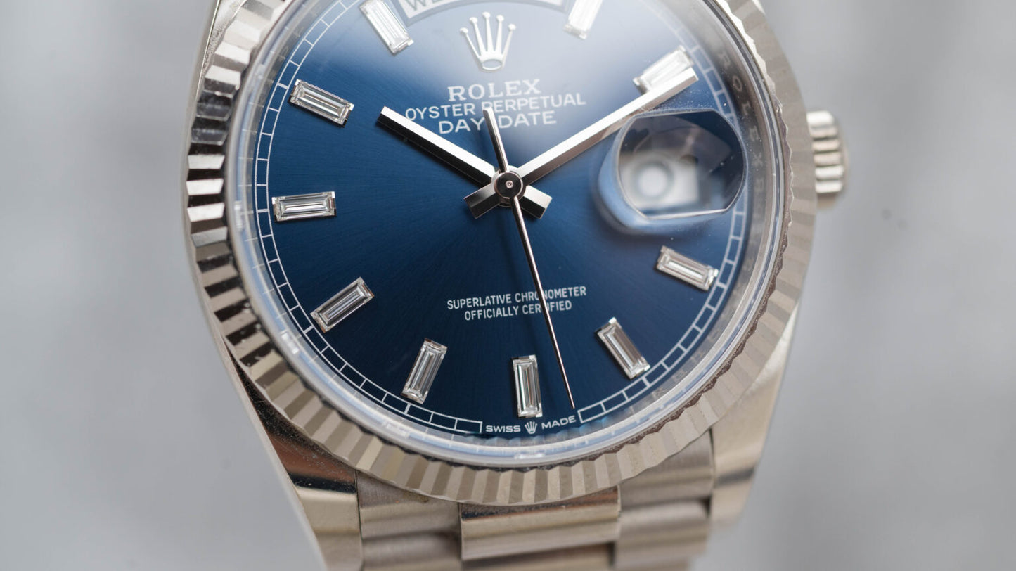 Rolex Day-Date 36 President White Bright Blue Baguette Dial 128239