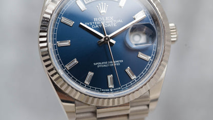 Rolex Day-Date 36 President White Bright Blue Baguette Dial 128239