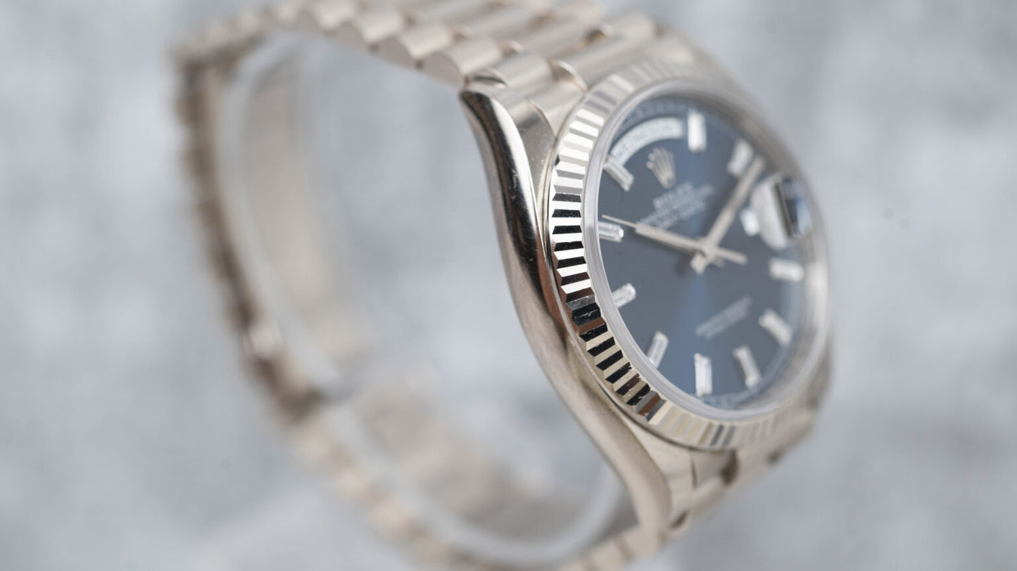 Rolex Day-Date 36 President White Bright Blue Baguette Dial 128239