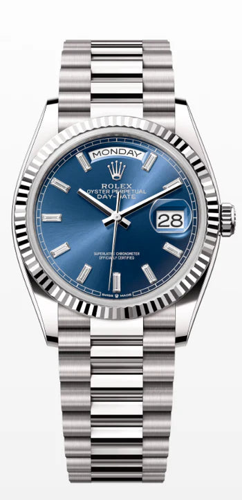 Rolex Day-Date 36 President White Bright Blue Baguette Dial 128239